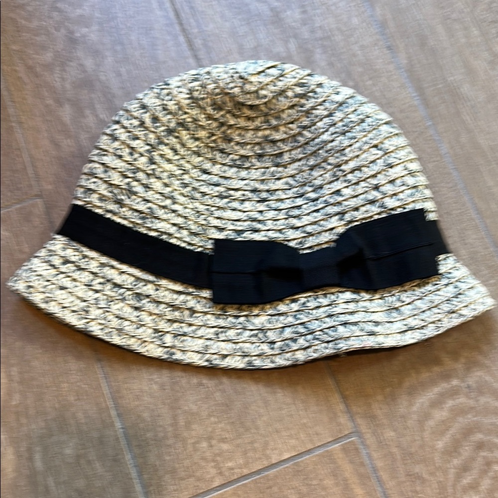 Cream and Black Straw Hat with Ribbon Accent